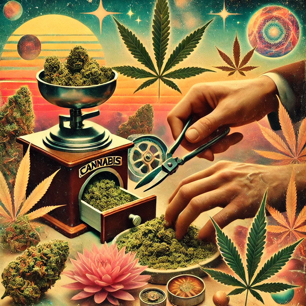 DALL·E 2025-01-28 14.37.27 - A retro surreal collage art composition featuring the milling and trimming of cannabis. The scene blends vintage aesthetics with dreamy psychedelic el