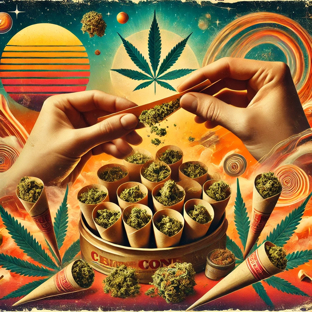 DALL·E 2025-01-28 14.40.14 - A retro surreal collage art composition depicting the pre-rolling of cannabis with cones. The scene features hands delicately filling pre-rolled cones