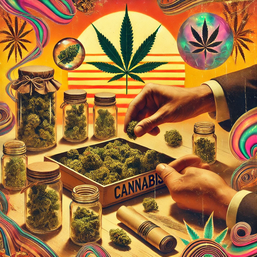 DALL·E 2025-01-28 14.42.06 - A retro surreal collage art composition depicting the packaging of cannabis. The scene features hands carefully placing cannabis buds into glass jars